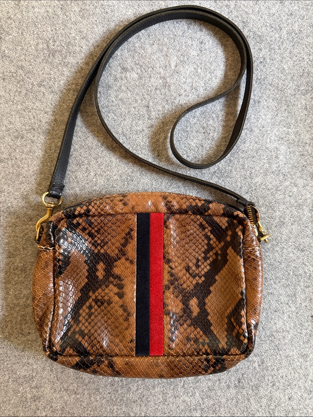 Clare V Brown Snakeskin-Print Crossbody with Red and Black Center Stripe